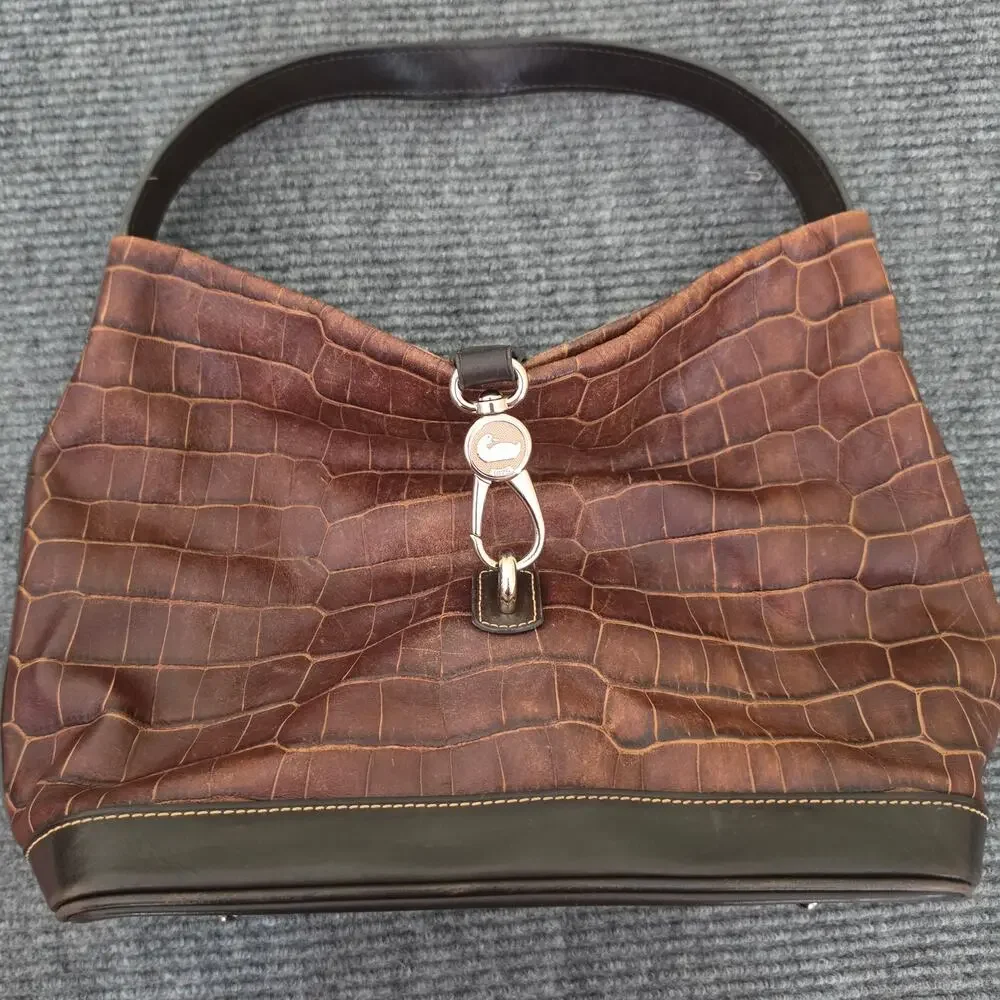 Vintage Dooney & Bourke Bayou Gathered Flap Bag Brown Alligator Embossed Leather